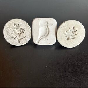 Set of 3 Decorative Stoneware Cookie Stamp Tiles 1 Bird & 2 Nature Motifs